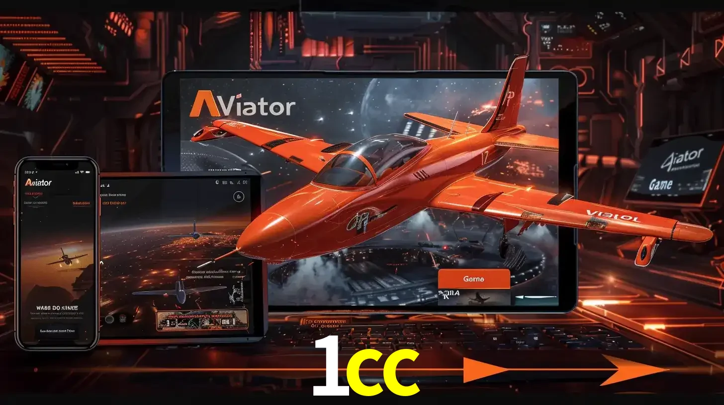 Apresentação tecnológica do jogo Aviator com um avião saindo da tela de um tablet, demonstrando a experiência imersiva em múltiplos dispositivos no 1cc.