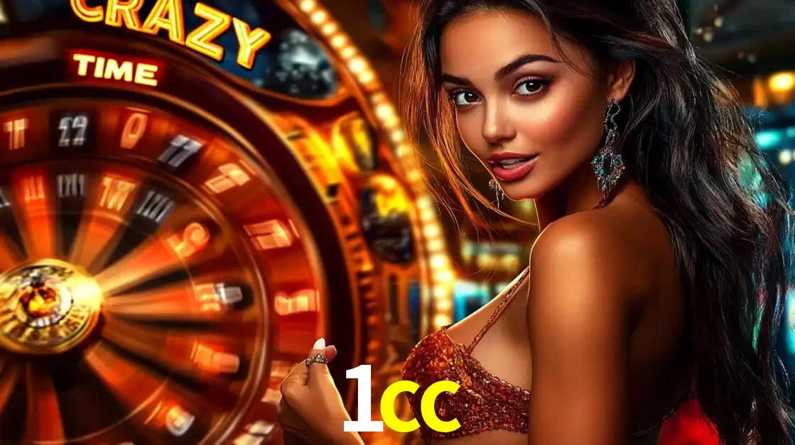 Mulher ao lado da roda de prêmios do jogo de cassino ao vivo Crazy Time, um dos shows de jogos mais emocionantes oferecidos pela plataforma de apostas 1cc.