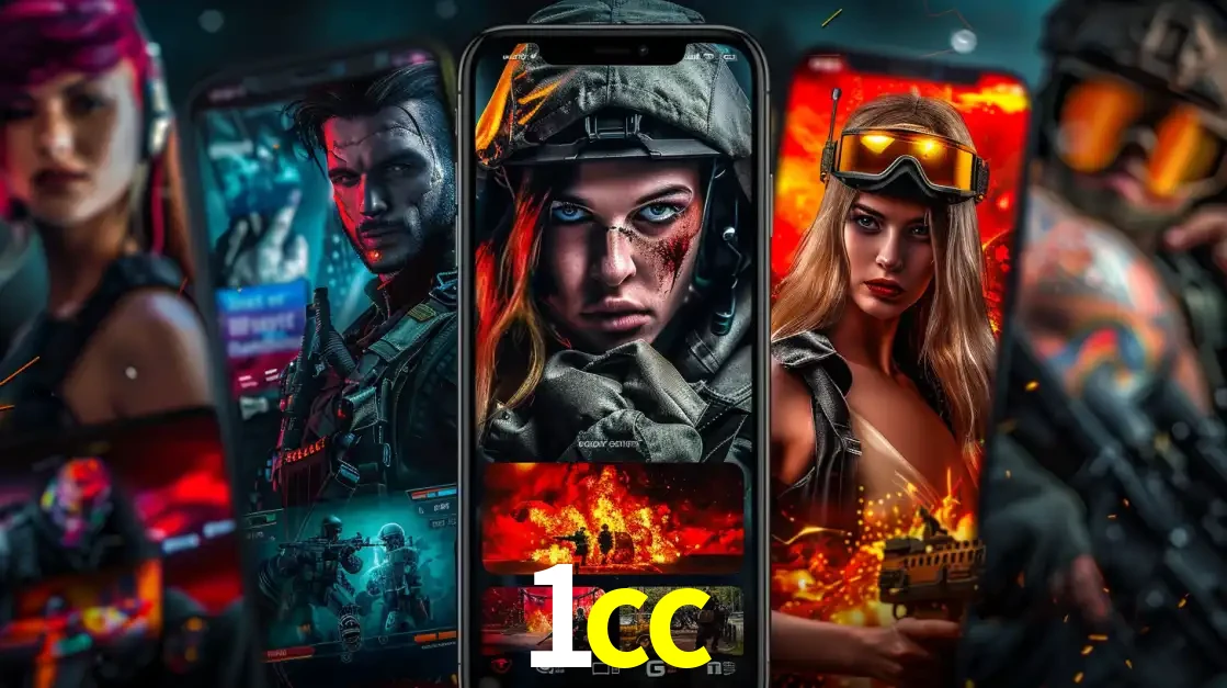 Montagem de telas de celular mostrando diversos personagens, masculinos e femininos, de um jogo de tiro, ilustrando a diversidade de equipes de e-sports para apostar no 1cc.