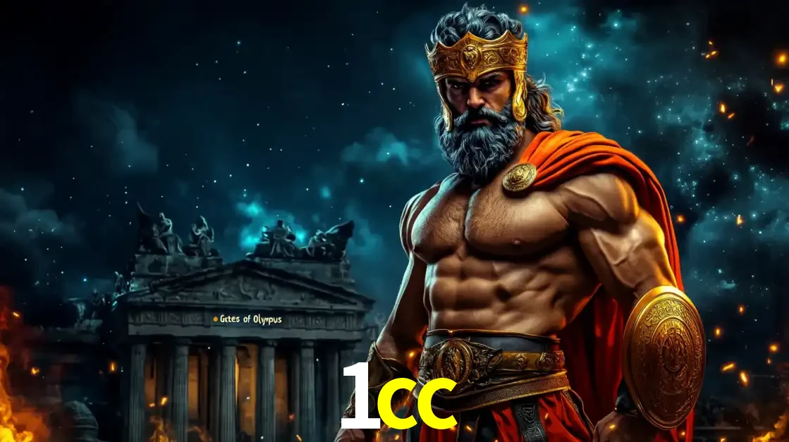 O poderoso Zeus do jogo de slot Gates of Olympus em frente ao seu templo, pronto para lançar multiplicadores divinos e prêmios épicos no cassino online 1cc.