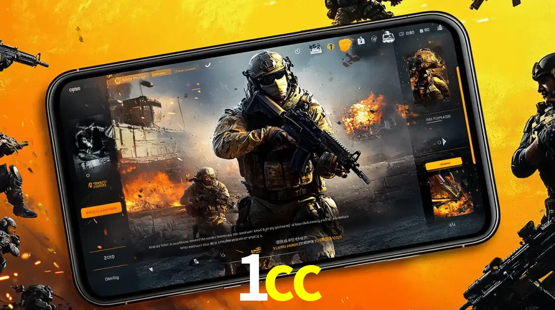 Um smartphone exibindo a interface de um jogo de tiro em primeira pessoa, com um soldado em um cenário de batalha, representando a ação dos e-sports para apostar no 1cc.