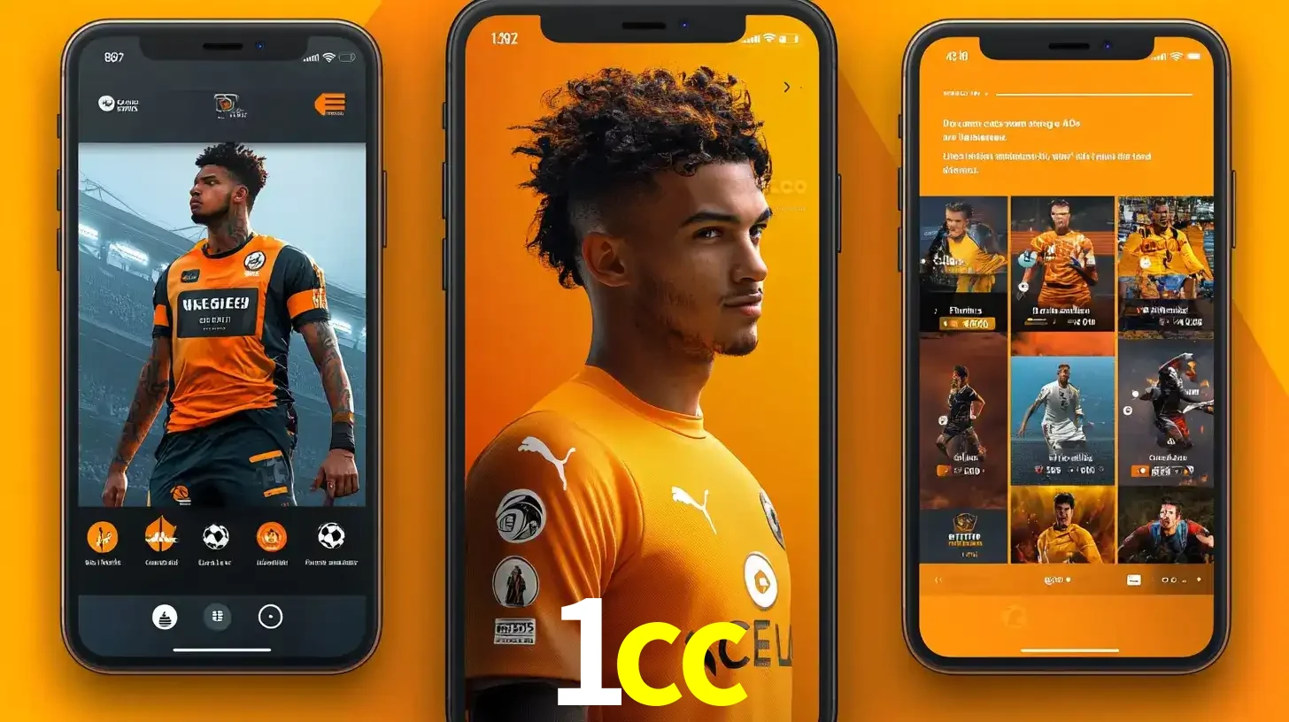 Interface do aplicativo de apostas esportivas 1cc em três telas de celular, mostrando o perfil de um jogador de futebol e a lista de jogos disponíveis para apostar.