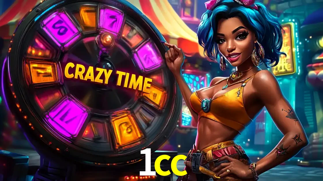 Mulher estilizada com cabelo azul e visual vibrante posando ao lado da roda de prêmios do game show Crazy Time, convidando para a diversão e os bônus do cassino 1cc.