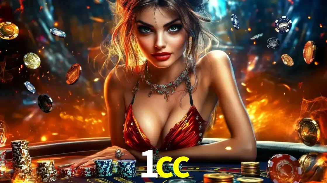 Mulher em uma mesa de cassino com pilhas de fichas e um fundo de fogo, pronta para uma rodada de altas apostas nos jogos de mesa emocionantes do cassino 1cc.