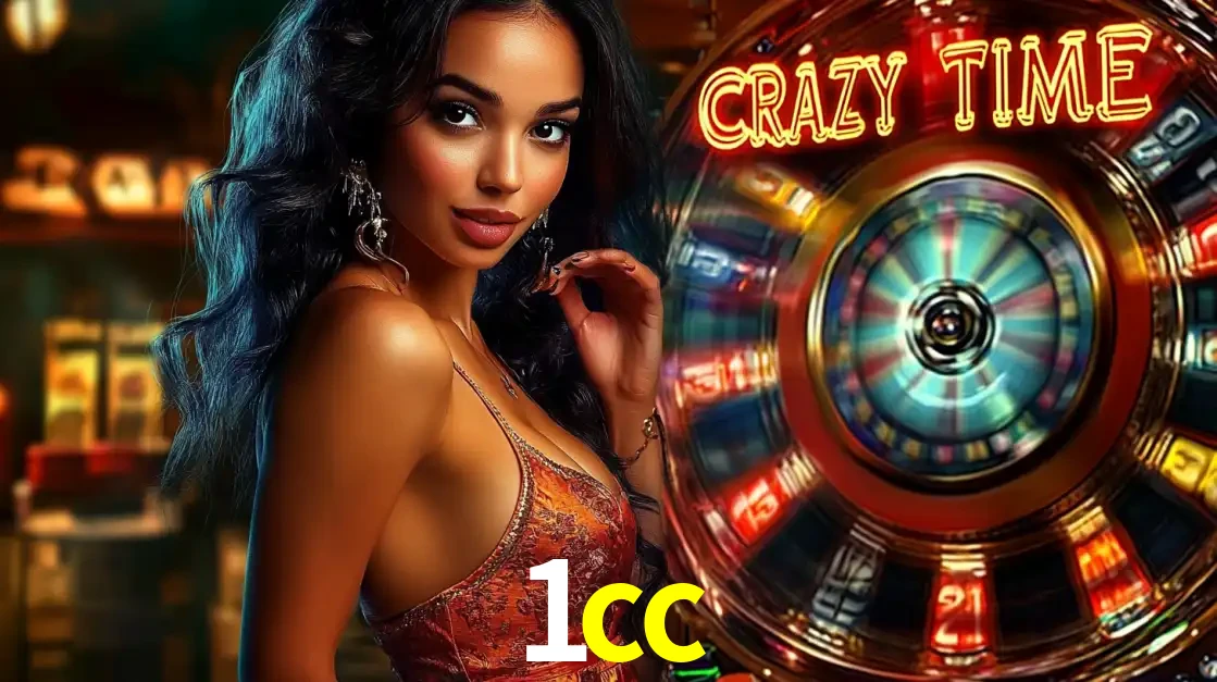 Mulher elegante ao lado da vibrante roda da fortuna do jogo de cassino ao vivo Crazy Time, um dos game shows mais populares e cheios de prêmios do 1cc.